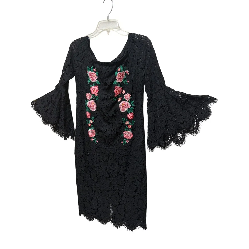 Umgee USA Black Lace Floral Embroidered Bell Sleeve Sheath Dress L5047 Large
